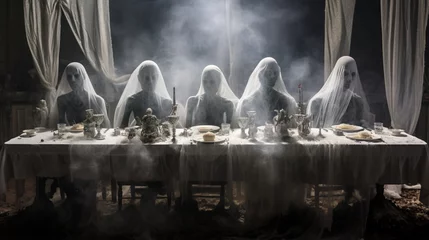 Rolgordijnen a spectral banquet, complete with ghostly cutlery and phantom-like dishes floating above the table © Riffat