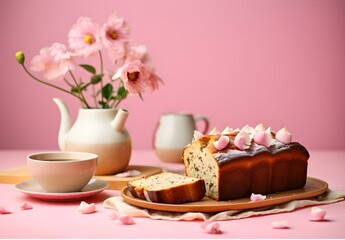 Fototapeta na wymiar Healthy home made banana bread with walnuts, pecans and cinnamon for breakfast served with fresh coffee on a kitchen table, modern pastel pink color background