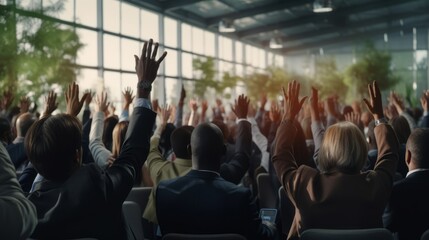 Generative AI image of a Unrecognizable businessman person of multi-ethnic businesspeople raising their hands during a presentation seminar for asking question at their company - obrazy, fototapety, plakaty