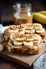 Obraz na płótnie Canvas Toasts with peanut butter, banana, walnut and honey. Healthy vegetarian breakfast concept, modern kitchen background