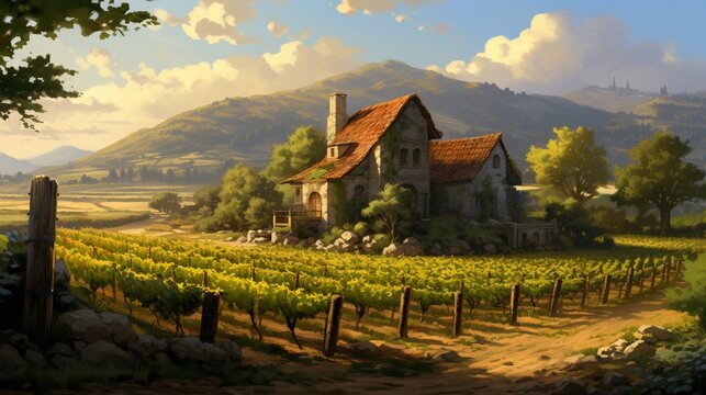 A sun-kissed vineyard with rows of lush grapevines and a rustic stone farmhouse in the distance