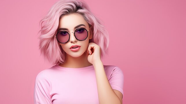 Generative AI image of a Photo of cute nice impressed girl hand touch sunglass pouted lips look empty space isolated on pink color background
