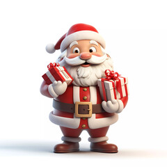 Obraz premium Santa Claus holding gift boxes isolated on white background. Happy new year and Merry Christmas. Happy holiday. 3d rendering.