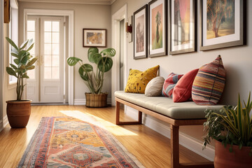 A living room area featuring a mix of framed art, family photos, and paintings, as well as a wooden bench adorned with colorful throw pillows, in a bohemian modern interior design. - obrazy, fototapety, plakaty