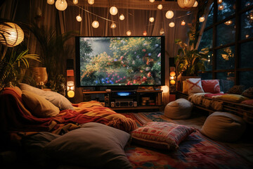 Modern Living Room Home Theater with a Collection of Floor Cushions and Poufs, Smart TV, Vintage Film Posters, and a Projector Screen Surrounded by Twinkling Fairy Lights