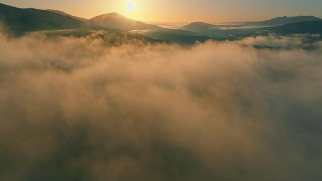 Fly mountains sky fog haze dawn sunrise forest travel beautiful
