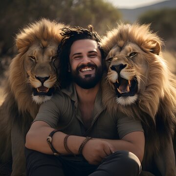 The man and two lions are sitting together in the sunflowers