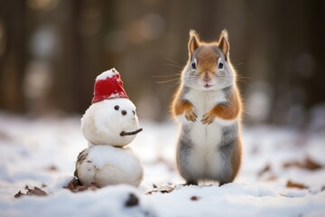 A little squirrel stands on two legs to the side like a little snowman. Generative AI.