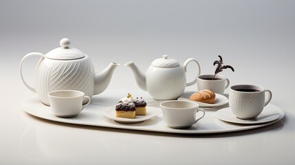 an elegant visual of a dainty tea set, complete with delicate porcelain cups, a teapot, and assorted pastries, all set against a pristine white backdrop