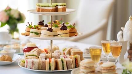 an elegant visual of a high tea spread, featuring a tiered tray of sandwiches, scones, and pastries, all beautifully presented on a white platter