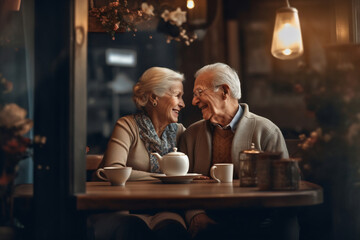 Cheerful old couple sitting at a cafe. Senior man and woman sitting at a restaurant table and smiling - obrazy, fototapety, plakaty