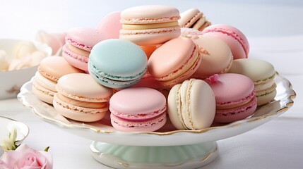 Fototapeta na wymiar an elegant visual of a tray of delicate pastel-colored macarons, beautifully arranged on a white dessert platter
