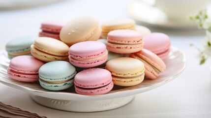 Fototapeta na wymiar A Delightful Assortment of Colorful Macarons Elegantly Displayed on a White Plate