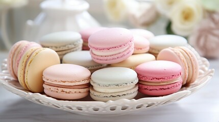 Fototapeta premium an elegant visual of a tray of delicate pastel-colored macarons, beautifully arranged on a white dessert platter