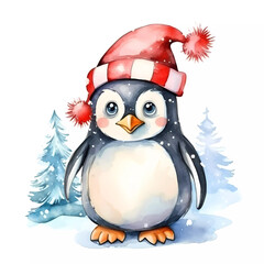 Obraz premium Cute penguin with Christmas hat and scarf. Happy new year and Merry Christmas.