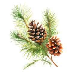Christmas plants, fir, tree, and cone, happy holiday set isolated on white background. Water color.