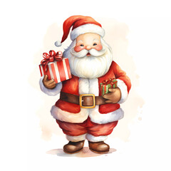 Santa Claus holding gift boxes isolated on white background. Water color.