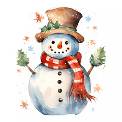 Cute snowman with Christmas hat and scarf isolated on white background. Happy holiday. Water color.