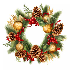 Fototapeta na wymiar Christmas wreath with eaves, fir, pine, cone and berry isolated on white background. Happy holiday. Water color.