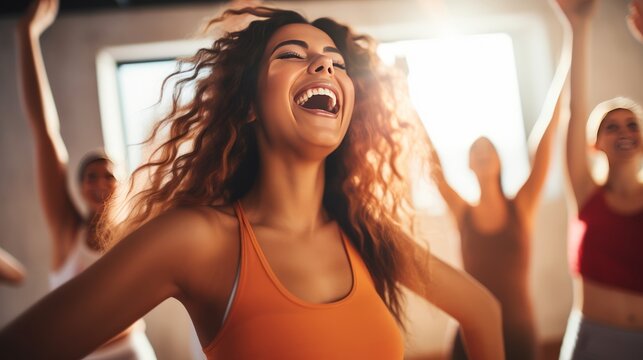 Generative AI image of a young women enjoying a joyful dance class