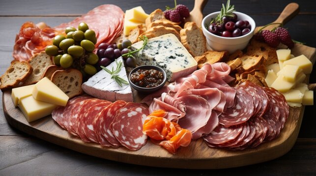 an enticing image of a gourmet charcuterie platter, featuring a selection of cured meats and artisanal accompaniments, on a white wooden board