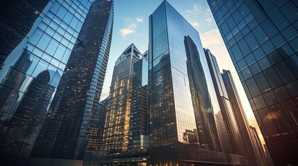 Low angle shot of modern glass city buildings and skyscrapers, generated by AI - obrazy, fototapety, plakaty