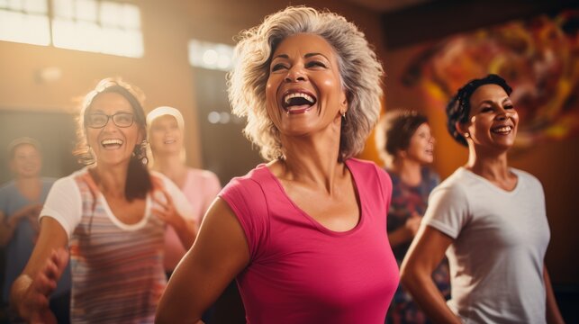 Generative AI image of a aged women enjoying a joyful dance class