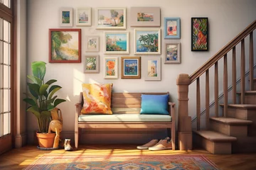Zelfklevend Fotobehang Warm and cozy bohemian interior, with a vintage wooden bench, a colorful Moroccan rug, a gallery wall of travel photographs, Mock up poster frame, © RBGallery