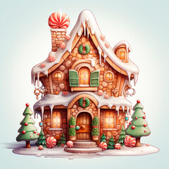 Fototapeta premium Illustration, cute Christmas gingerbread house with snow and Christmas trees on the sides.
