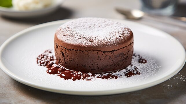 an exquisite image of a decadent chocolate souffl?(C), with a molten center, served on an elegant white dessert plate