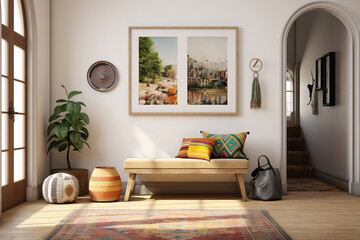 Warm and cozy bohemian interior, with a vintage wooden bench, a colorful Moroccan rug, a gallery wall of travel photographs, Mock up poster frame,