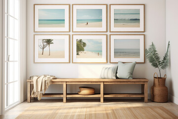 Blank picture frame mockup on white wall, coastal with a collection of framed abstract sea prints, modern living room design. Interior with a sofa, a weathered wooden bench