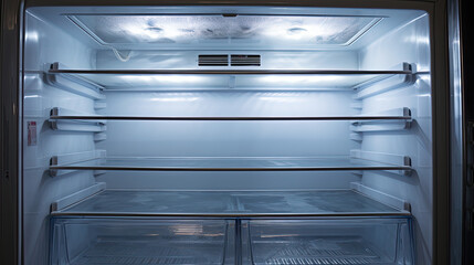 empty refrigerator with the door open and light on, no food inside, 