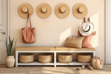 A Coastal Mudroom with Built-In Storage Benches, Wicker Baskets for Shoes and Accessories, and a Collection of Wicker Hats and bags hanging on the wall, element for the Beach