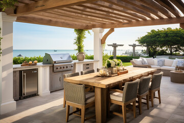 A coastal outdoor kitchen featuring a white pergola, a built-in grill with a reclaimed wood surround, and a dining area with a driftwood table and slipcovered chairs - obrazy, fototapety, plakaty