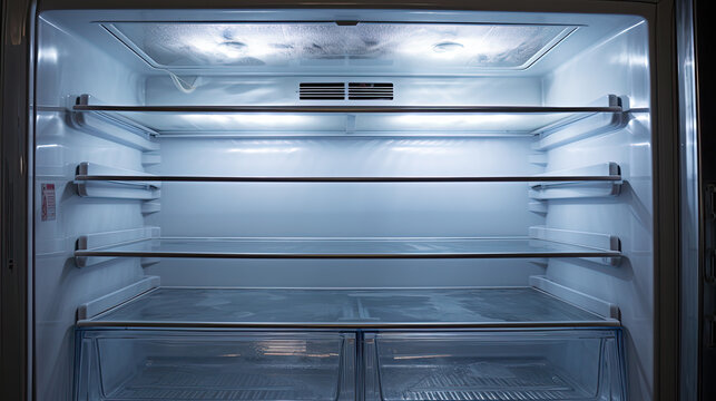 empty refrigerator with the door open and light on, no food inside, 