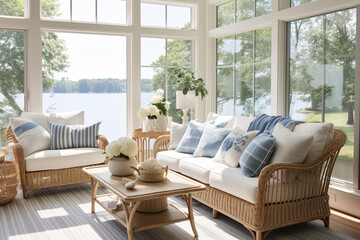 A coastal sunroom with wicker furniture, white cushions, and a collection of nautical-themed throw pillows, surrounded by large windows to let in natural light - obrazy, fototapety, plakaty