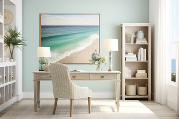 A coastal home office with a white desk, a seagrass chair, beachy wall decor, and minimalist storage solutions.