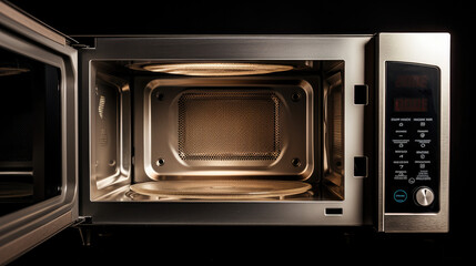 clean open microwave oven in a kitchen, close up cook equipment, quick cook preparation - obrazy, fototapety, plakaty