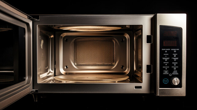 clean open microwave oven in a kitchen, close up cook equipment, quick cook preparation