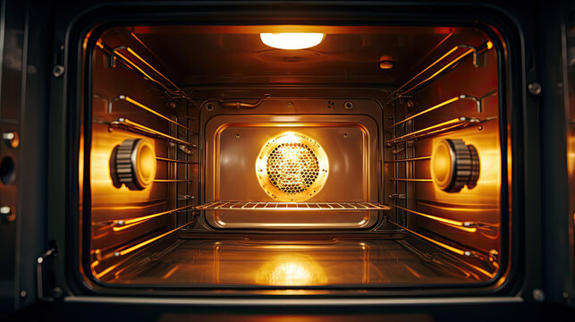 empty illuminated microwave oven showcasing its interior, hot light for cooking, convenience modern culinary