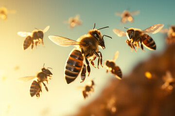 Flight of the Pollinators: Honey Bees in Energetic Motion, A Symphony of Nature's Work - obrazy, fototapety, plakaty