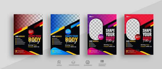 Fitness gym flyer template with yellow, red, green, and purple,  colors, gym, Workout, fitness, and Sports flyer, set of 4 items. fitness gym business flyer design with a unique shape template