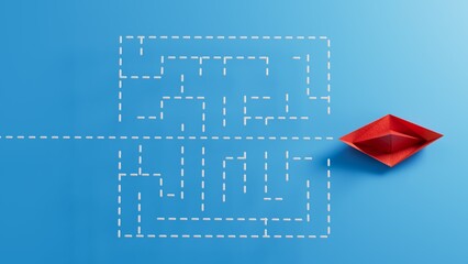 Red paper boat breaking through maze on blue background, Concept of overcoming barriers, goal, target.3D rendering.
