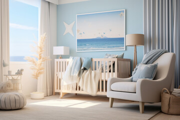A coastal nursery indoors, featuring a white crib with soft blue accents, beach wall decals, soft upholstery, and playful, sea-themed artwork adorning the walls. - obrazy, fototapety, plakaty