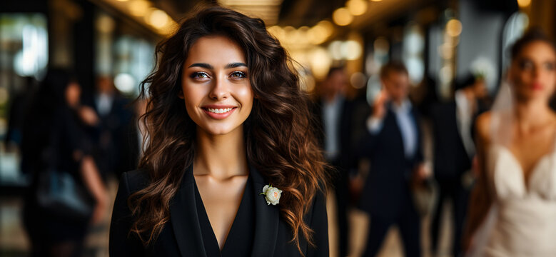 Woman, brunette -wedding planner wearing black suit with white rose and posing for a company picture in a wedding venue.