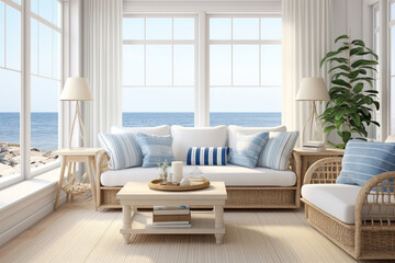 Fototapeta premium A coastal sunroom with white wicker furniture, blue and white striped cushions, beachy accessories, and a sea beach glass window view
