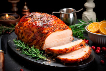 Christmas turkey ham roasted for festive dinner table. Meat dish, festive dinner. - obrazy, fototapety, plakaty
