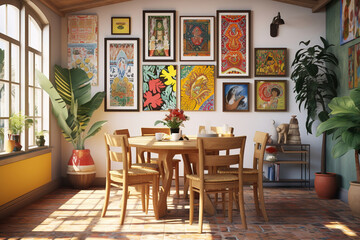 bohemian dining room, with mismatched chairs, a colorful tablecloth, and a gallery wall of global artwork.