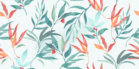 Seamless pattern of watercolor plant elements leaves and flowers